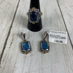 Vtg Plated 2 Tone Blue CZ Rectangle Earrings & Ring (Sz 8) Set- New With Tags